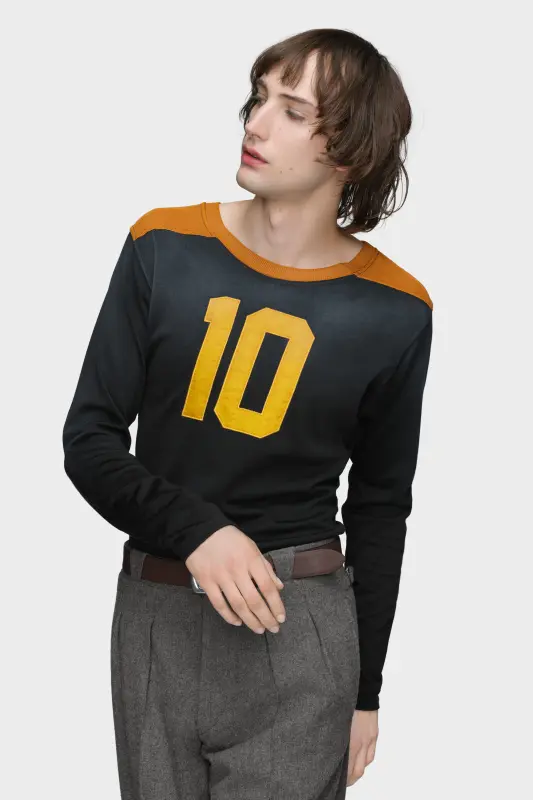 Maison Margiela Mens Black Viscose Varsity Long-Sleeved T-Shirt Black and ochre online